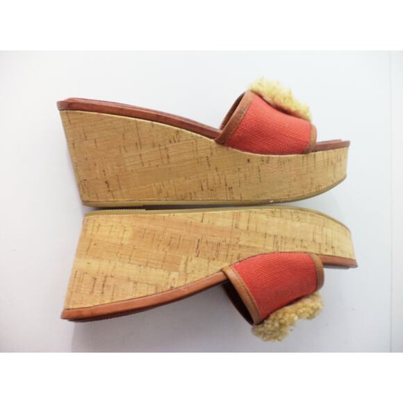 COACH JAZMIN PLATFORM WEDGE RED CANVAS & BROWN LEATHER SLIDE SANDAL SHOE US 9M - Picture 6 of 8